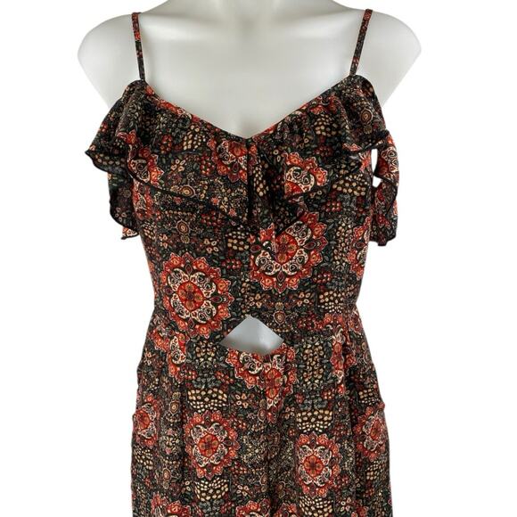Xhilaration Multicolor Floral Cold Shoulder Ruffle Cutout Wide Leg Jumpsuit Sz M - Picture 3 of 5